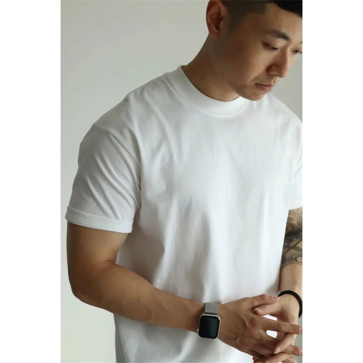 HEARUJOY  -  T-shirt American Pure Cotton Tough Guy Solid Color Men Short-sleeved Round Neck Couple Casual Versatile Business Base Shirt