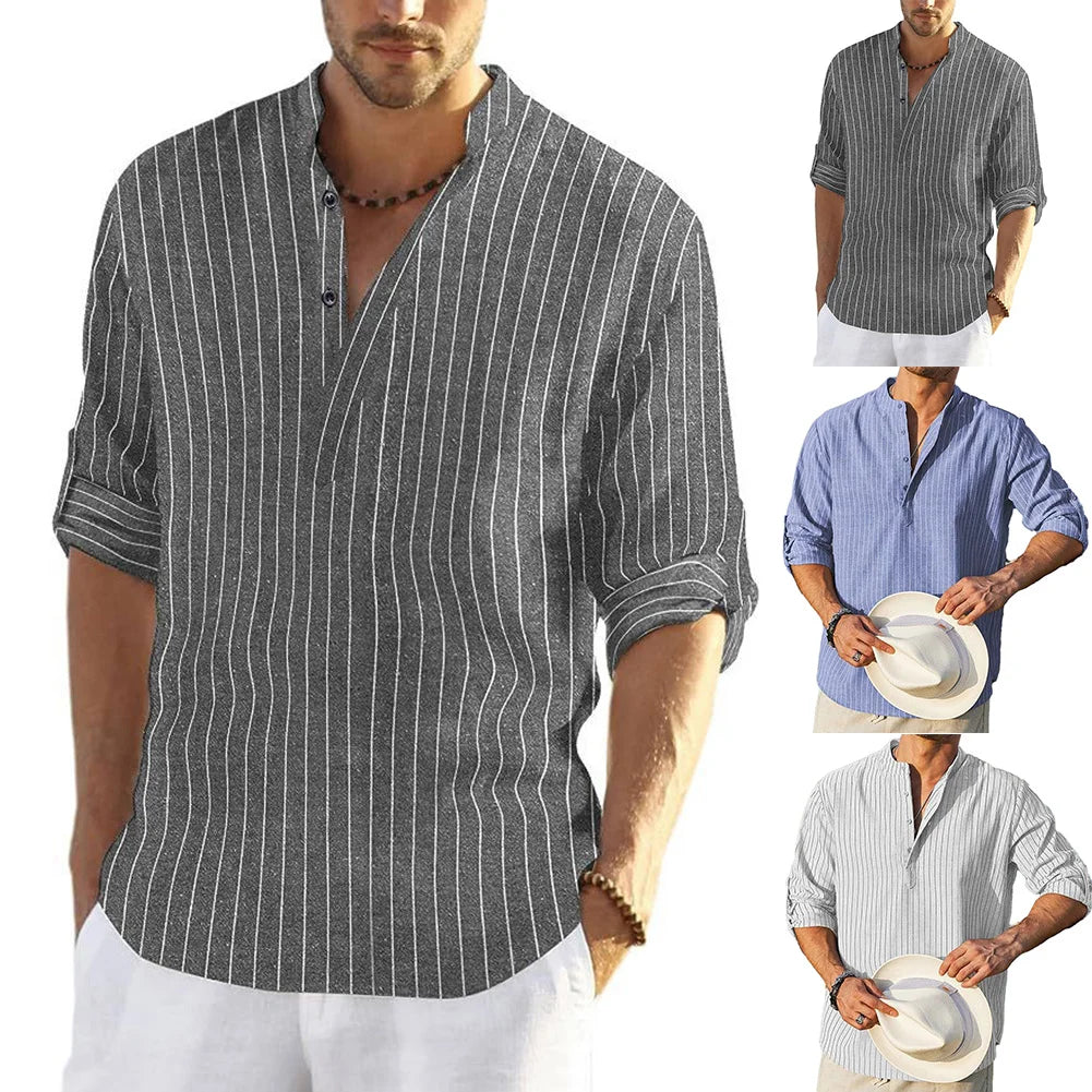 HEARUJOY  -  Comfy Hot Holiday Daily Vacation Shirt Striped Shirts Tops Brand New Casual Fashion Grandad Collar Long Sleeve