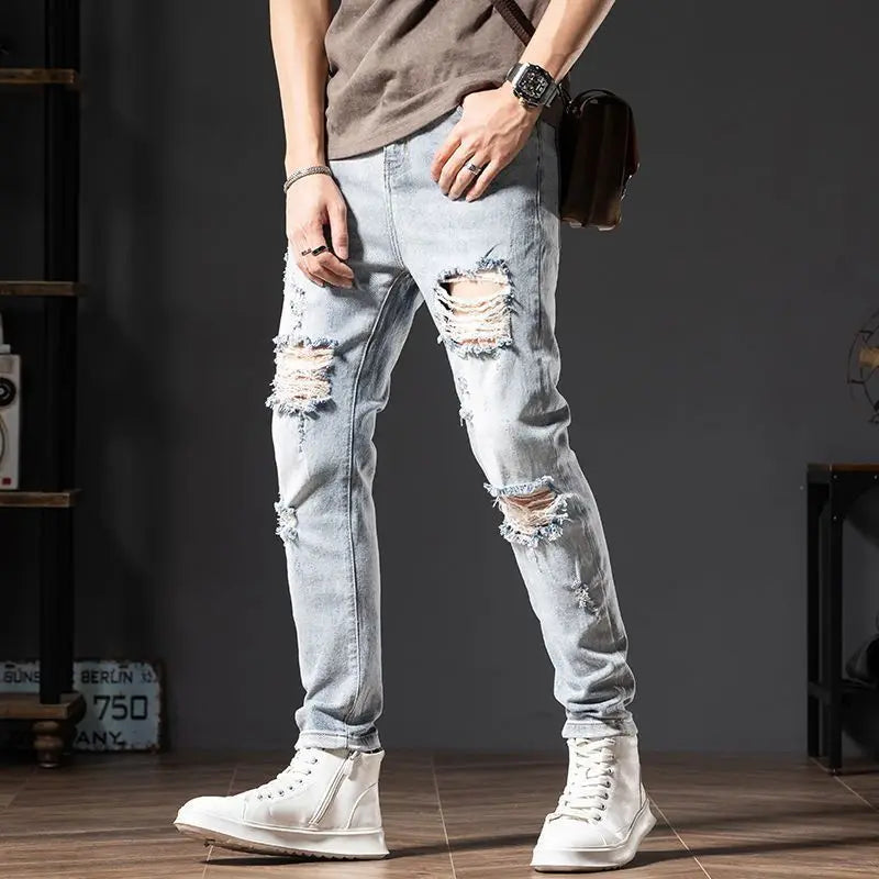 HEARUJOY  -  Beggar Streetwear Hole Slim Men Summer Korean Chic Small Feet Locomotive Light Blue Elastic Casual High Street Distressed Jeans
