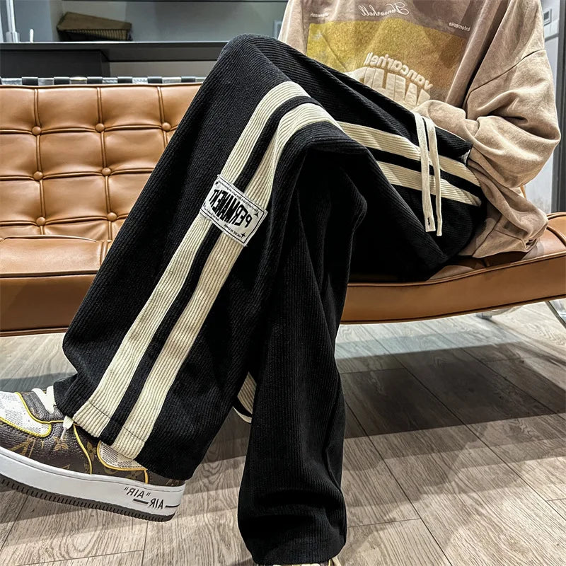 HEARUJOY  -  Side Striped Corduroy Wide-Leg Pant Men Korean Fashion Hip Hop Cargo Pant Loose Casual Straight Sports Outdoor Running Pant