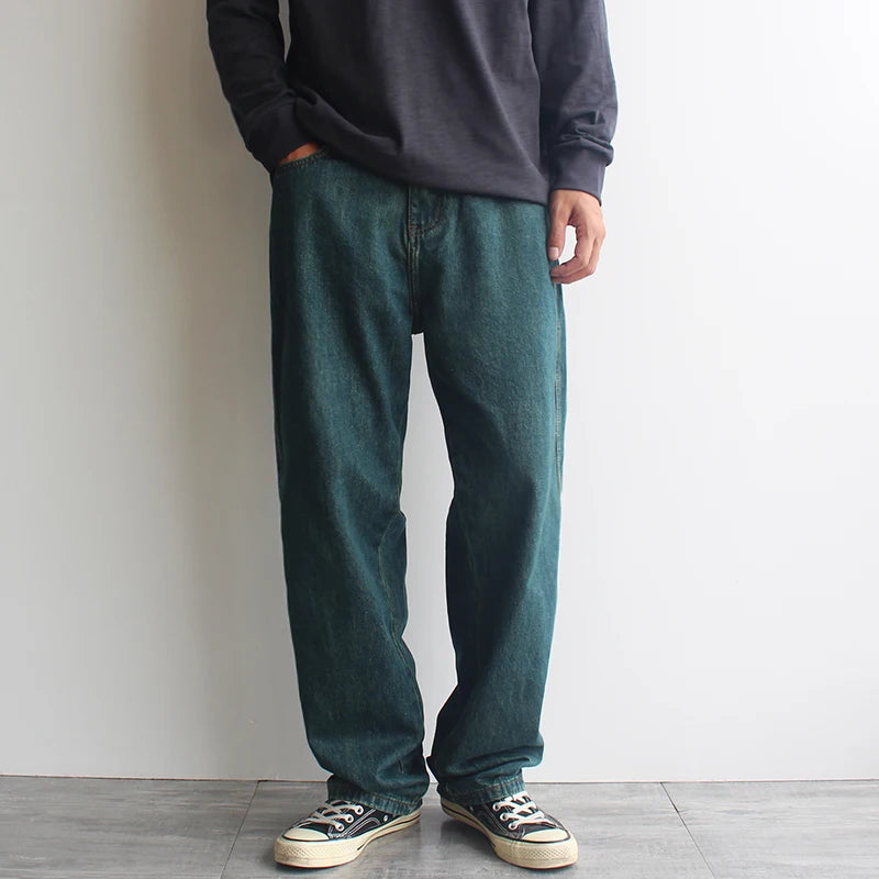 HEARUJOY  -  Spring/Fall Forest Green American Vintage Washed Jeans for Men Distressed Retro Style Straight-Leg Loose Fit Casual Denim Pants