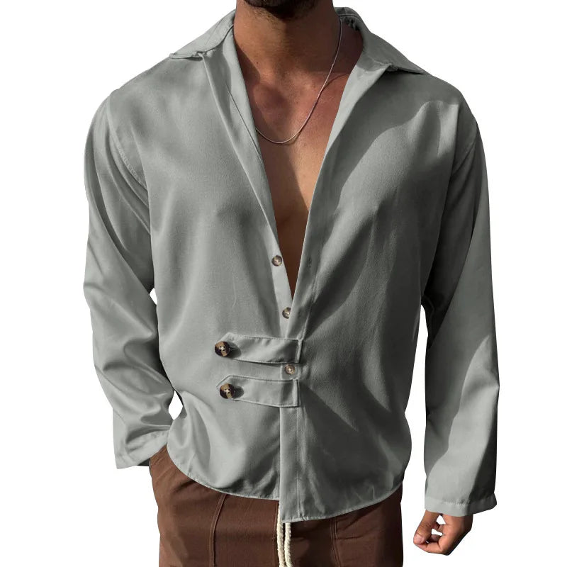 HEARUJOY  -  Men's Spring and Autumn Long Sleeve T-shirt Casual Loose Cardigan Lapel Button Down Shirt