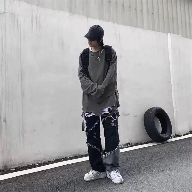 HEARUJOY  -  Mens Jeans Pants With Hole Casual Vintage Straight Leg Korean Fashion Streetwear Harajuku Trousers