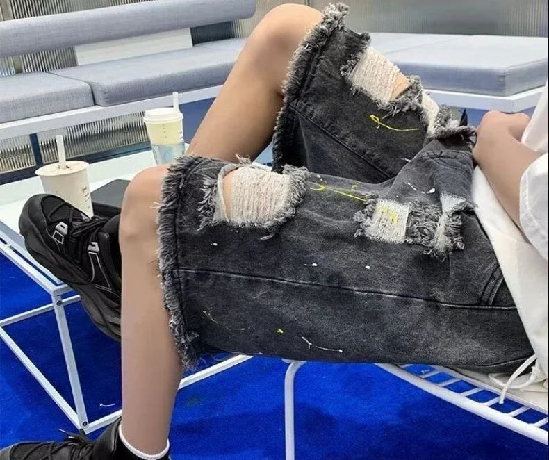HEARUJOY  -  Loose Wide Ripped Bermuda Big Size with Pockets Half Long Baggy Oversize Short Jeans Pants for Men Man Denim Shorts Popular Emo
