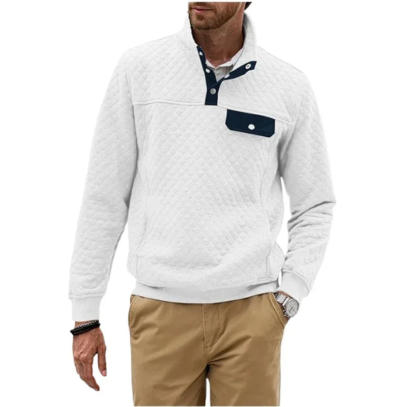 HEARUJOY  -  Men's Spring and Fall Quilted Sweatshirt Casual Long Sleeve Outdoor Stand Collar Button Pullover Sweatshirt