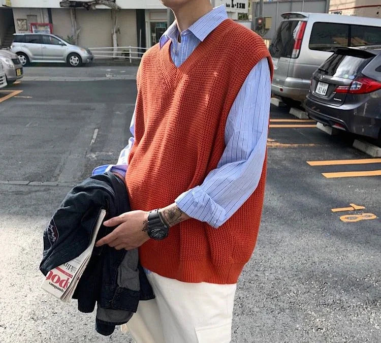 HEARUJOY  -  Men's Clothing Sleeveless Vest Blue Waistcoat Knit Sweater Male V Neck Red Thick Winter Sheap High Quality Replica Street Ugly A