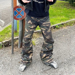 Hearujoy Camouflage Coated Micro Flared Motorcycle Pants for Men Patchwork Baggy Jeans Ankle Zipper Boot Cut Oversized Denim Cargos