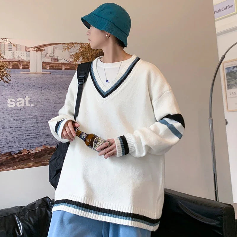 HEARUJOY  -  Autumn Winter New Men's Korean Loose Knitted V-neck Casual Sweater Outdoor Fashion Trend Comfortable Breathable Hoodie