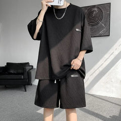 HEARUJOY  -  Jacquard Man Sets Tracksuit Sweatsuit Sweatshirts Original Brands Essential Polyester Slim Fit Tee T-shirts Shorts Suits for Men