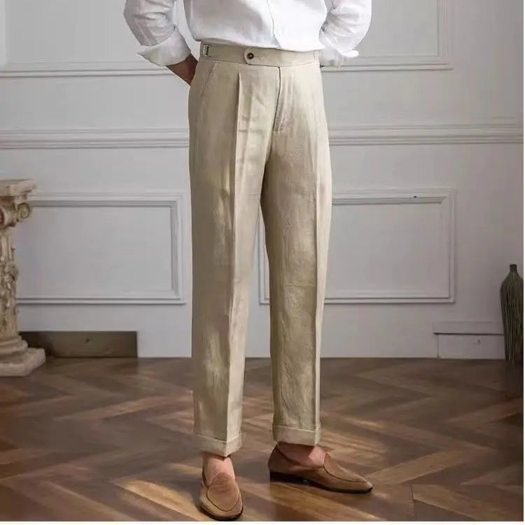 HEARUJOY  -  100% Linen Italian Naples Pants Men High Waist Straight  Suit Trousers Spring Summer Fashion Lightweight Breathable Casual Pants