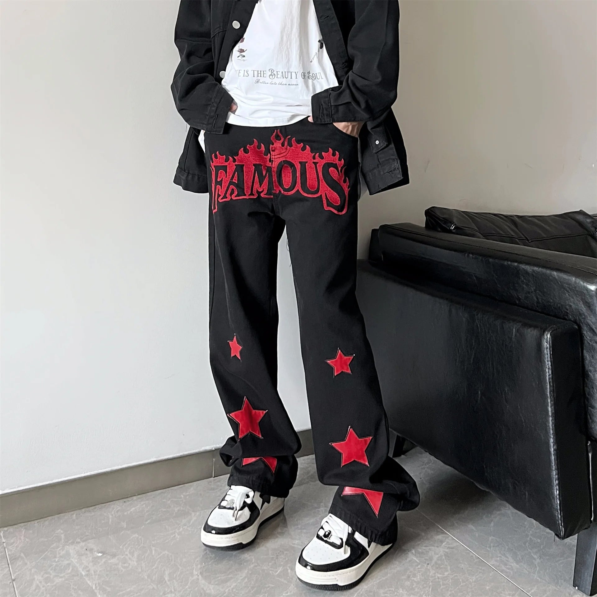 Hearujoy Y2K Jeans Men Embroidery Denim Pants Star Red Print Black Trousers Male Streetwear Hip Hop Casual Vintage Plus Size 4XL