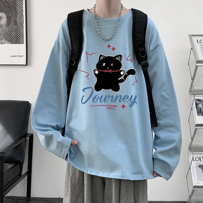 HEARUJOY  -  Men's Plain T-shirts Cotton Full Sleeves 5XL Fashion White Mens Oversized T Shirt Casual Wear Funny Cat Print Tee Shirts for Men