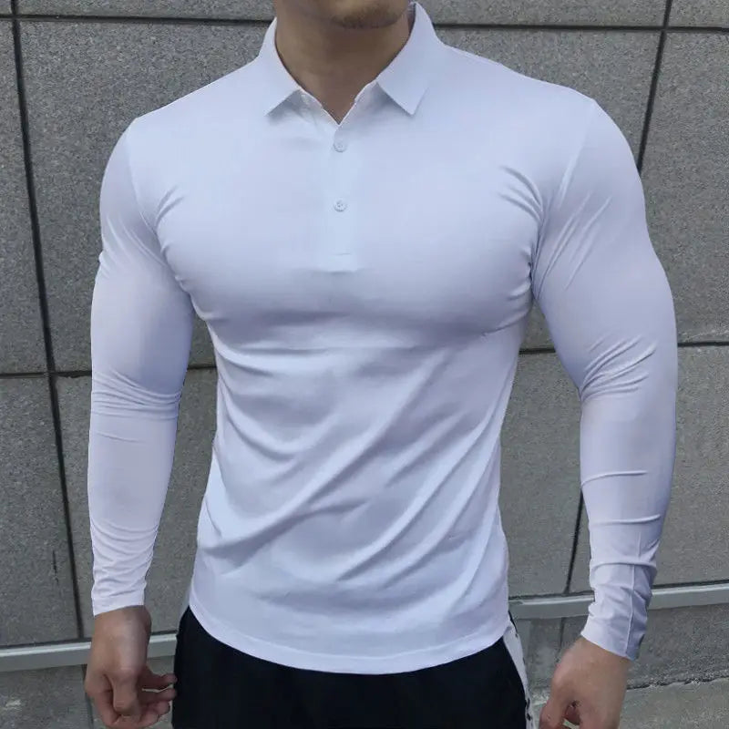 HEARUJOY  -  Korean Autumn Casual Fitness Polo Shirt Men Solid Button Slim Elastic Versatile Sports Breathable Quick Drying Long Sleeved Tops