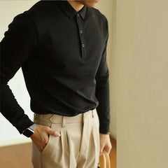 HEARUJOY  -  New American Retro Men Polo Shirt Light Luxury Solid Color Slim-fit Commuting Long Sleeve T-shirt Leisure Business Pullover Tops