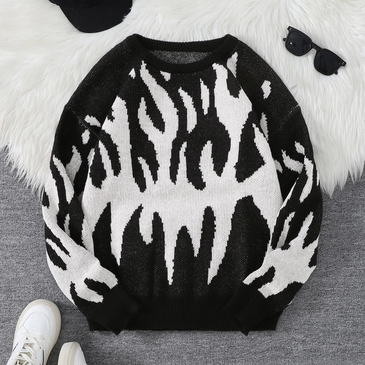HEARUJOY  -  New Popular Fire Pattern Pullover Ripped Sweater Casual Round Neck Knitted Men's Gift Pullover