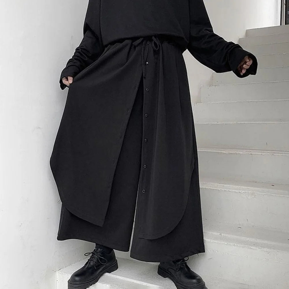 HEARUJOY  -  Men Culottes Y2k Double-Layer Breasted Design Harem Casual Pants Streetwear Trend Outdoor Wide-Leg Pants Men'S Clothing