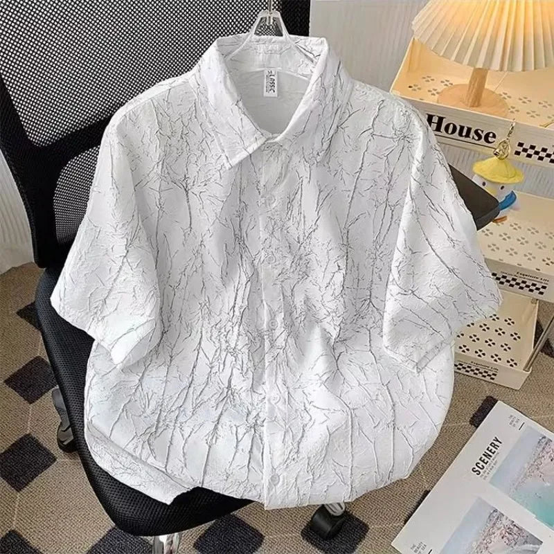 HEARUJOY  -  Men Fashion High Street Vintage Luxury Jacquard Lapel Button Down Shirt Summer Casual Short Sleeve Loose Tops Camisas De Hombre