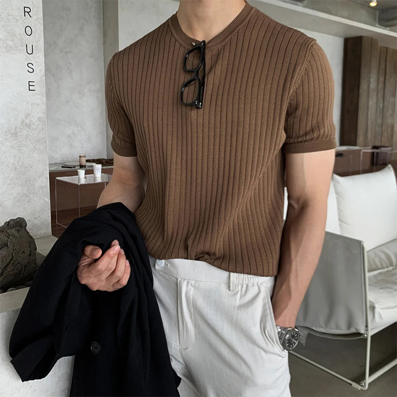 HEARUJOY  -  Men's Clothing Luxury Knitted T Shirt Casual Korean O Neck Solid Color Short Sleeve Tees for Men Breathable Summer Knitwear
