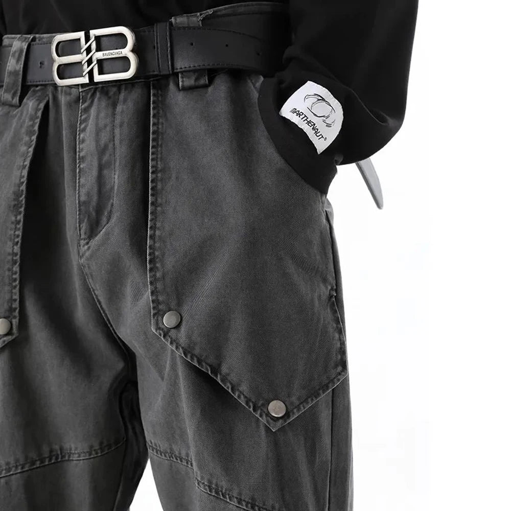 Hearujoy American High Street Fashion Sports Overalls Men Autumn Winter New Loose Wide-Leg Deconstructed Straight Pleated Casual Trousers