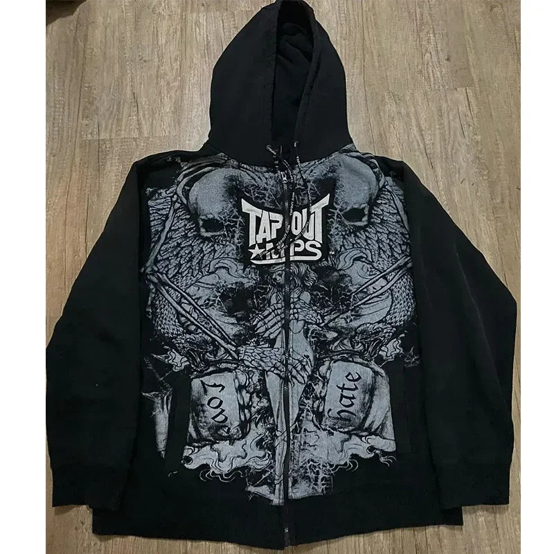 Hearujoy Y2K New Gothic Zipper Hoodie Street Vintage Skull Print Hoodies Men Hip hop Harajuku Punk Fashion Casual Trend Loose Sportswear