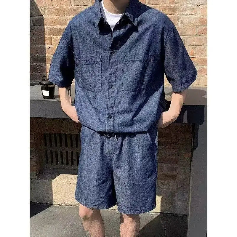 HEARUJOY  -  Summer Men set Retro Trendy Brand Hong Kong-style Denim Short-sleeved Shirts Shorts Casual Sportswear Men Cool Loose suit