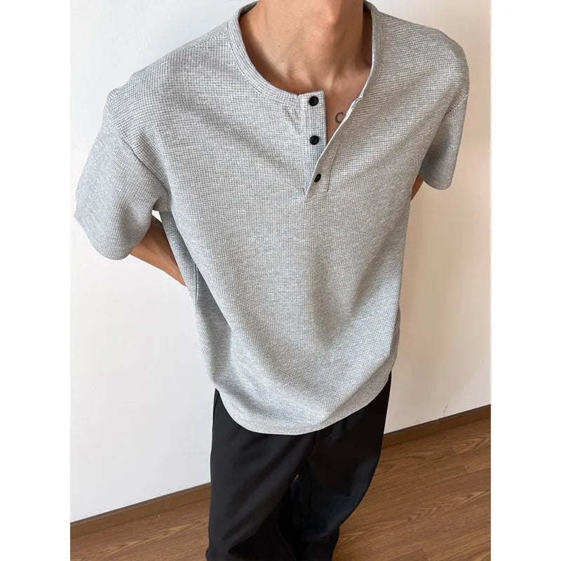 HEARUJOY  -  Summer Short Sleeved T-shirt Men Black White Casual T Shirt Men Streetwear Korean Loose Round Neck Button T Shirt Mens Top M-3XL