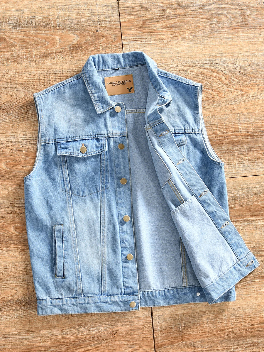 HEARUJOY  -  Heavy-Duty Washed Spring Men's Japanese Casual Lapel Denim Vest Sleeveless Tank Jacket Amekaji American Vintage