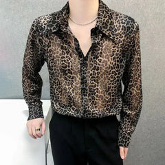 Hearujoy Mens Sexy Leopard Print Mesh See-Through Ice Silk Shirt Autumn Genderless Fashion Youth Nightclub Breathable Hollow Top Unisex