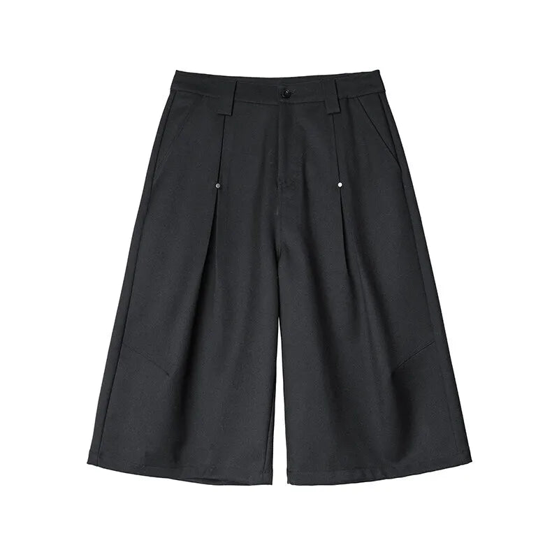 HEARUJOY  -  Korean Style Men Casual Shorts Solid Color Pleated Design Metal Design Cropped Trousers Cleanfit Male Bottom Simple