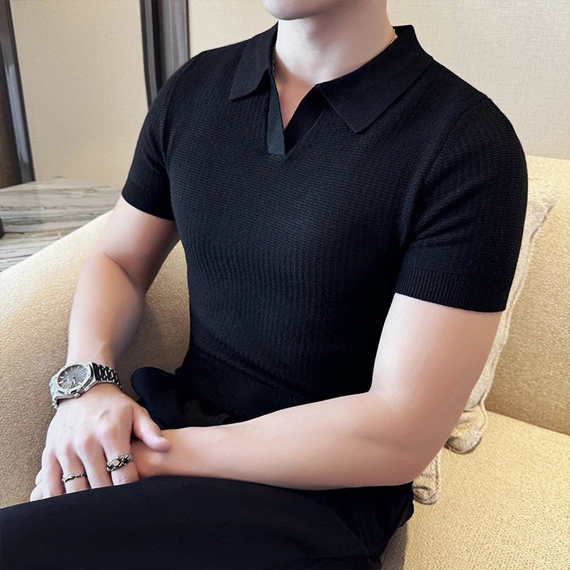 HEARUJOY  -  New Fashion Business Tops Men's Polo Shirt Light Luxury Leisure Knitted V Neck T-shirts for Man Korean Popular Short Sleeve Tees