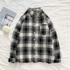 HEARUJOY  -  Black White Classic Plaid Long Sleeve Loose Men's Shirt American Style Retro Versatile Spring Autumn Outerwear Coat for Men Tops