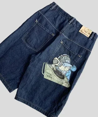HEARUJOY  -  American street rhinestone retro pocket washed wide-leg denim shorts summer y2k Harajuku high-waist straight knee-length shorts