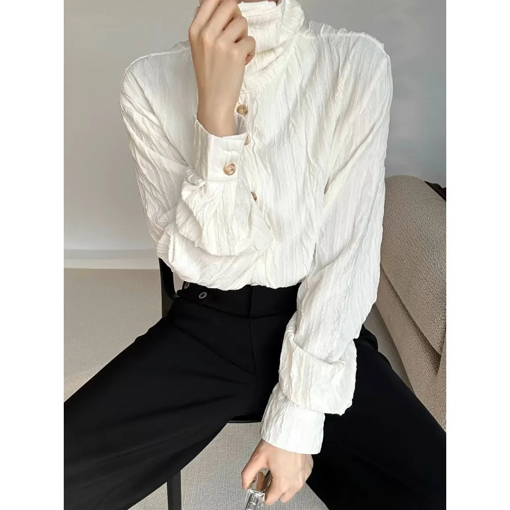 HEARUJOY  -  Wrinkle Texture Sensation Shirts For Men Stand Collar Long Sleeve Loose Top Spring Autumn Vintage French Fashion Casual Shirt