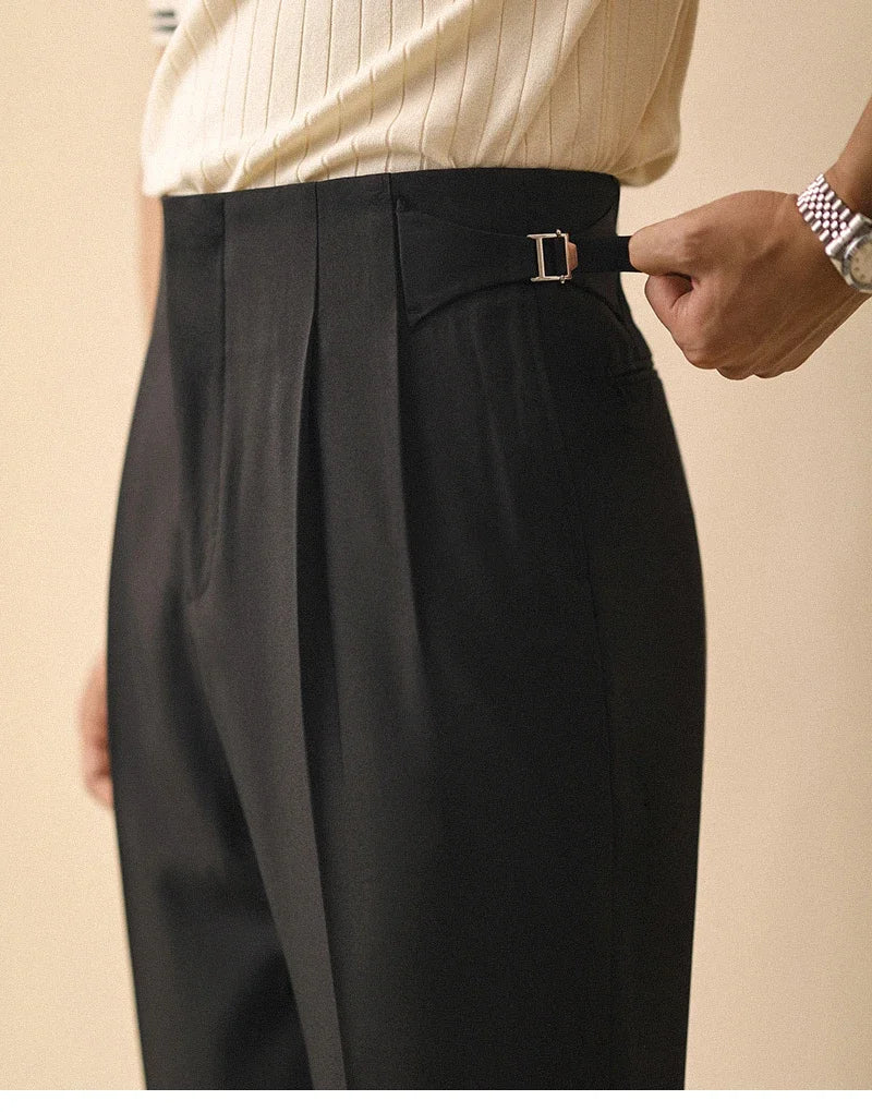 HEARUJOY  -  Men's Summer Straight Pants Paris Button Non Ironing Loose Fitting Business Naples Casual Pants High Waisted Office Trousers Men