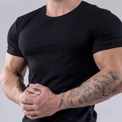 Hearujoy Gym Tops Muscle Elastic Short-Sleeved Mens 2024 Summer Solid Color Sports T-Shirt Fitness Sweat-Absorbent Round Neck T-Shirt