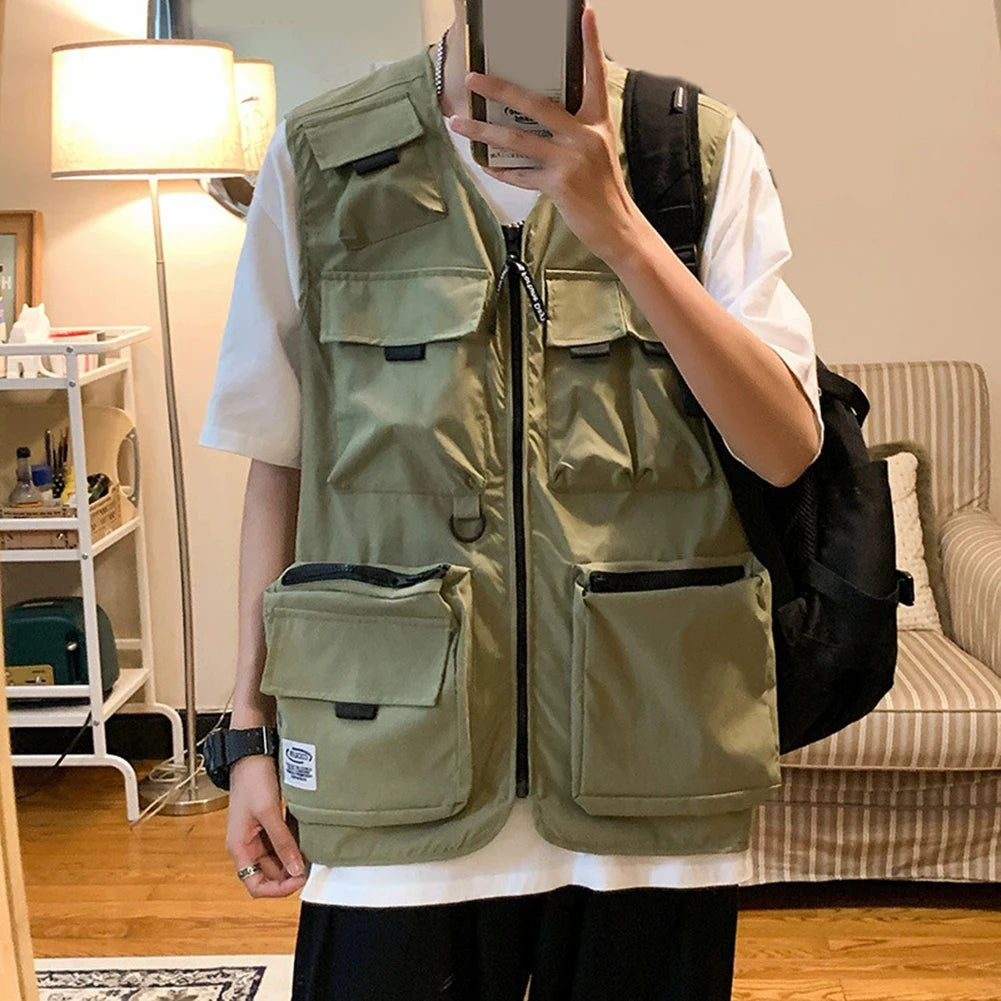 HEARUJOY  -  Beach Holiday Green Men Cargo Vest Multi-pocket Sleeveless Vest Loose Fit Waistcoat Good For Vacation Polyester Fabric