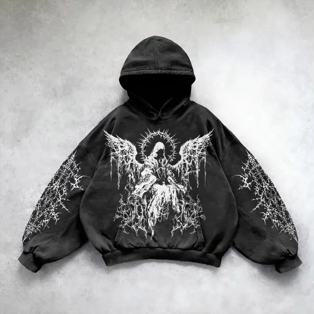 Hearujoy American Gothic Fashion Harajuku Y2K Vintage Punk Solid Color Printed Men Casual Hoodie Couples Casual Hoodie sweatshirt