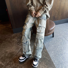 Hearujoy Harajuku Muti-pockets Cargo Jeans Men's Washed Patchwork Straight Casual Trousers Couple Streetwear Loose Fashion Pants