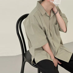 Hearujoy Summer Men's Clothing Light Luxury Pocket Short-sleeved Shirt Solid Color Retro Leisure Solid Color Korean Popular Clothes