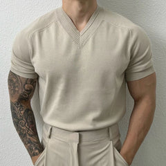 HEARUJOY  -  Men's Clothing Light Luxury Knit V Neck Short-sleeved T Shirt Solid Color Leisure Korean Popular Streetwear Retro Knitwear M-3XL