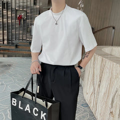 HEARUJOY  -  Summer Short Sleeved T-shirt Men Fashion Round Neck Black White T Shirt Men Korean Loose Shoulder Pad Tshirt Mens Top M-2XL