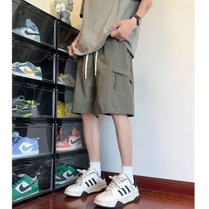 HEARUJOY  -  Wide Mens Cargo Shorts Baggy Over Knee Solid Elastic Waist Loose with Draw String Short Pants for Men Pockets High Quality V