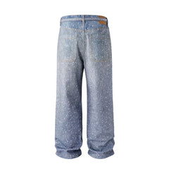 Hearujoy Full Rhinestone Print Washed Blue Baggy Jeans Mens and Women Ropa Hombre Streetwear Solid Casual Denim Trousers Loose Cargos