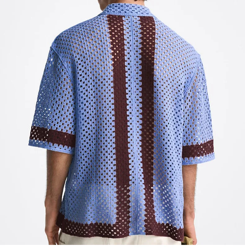 HEARUJOY  -  Men Luxury Hollow Knitwear Polo Shirt Short Sleeve Casual Streetwear Button Down Breathable Striped Contrast Knit Cardigan Tops