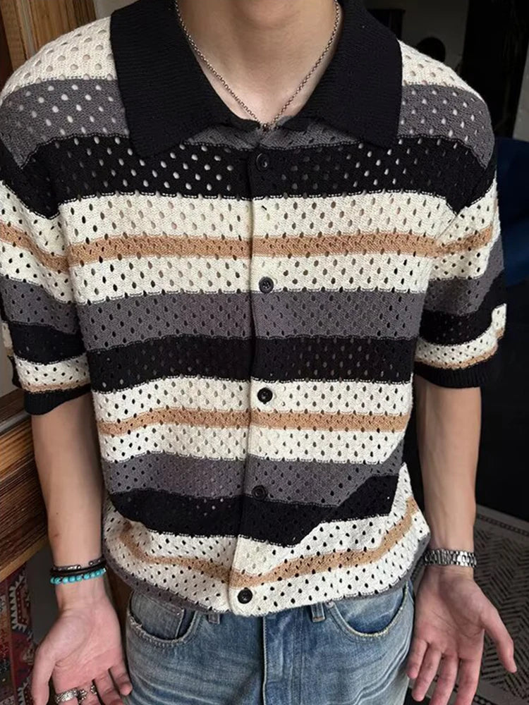 HEARUJOY  -  Ice Silk Knitting Shirts Mens 2025 Summer New Casual Striped Knit Cardigan Tops Men Clothing Vintage Buttoned Short Sleeve Shirt