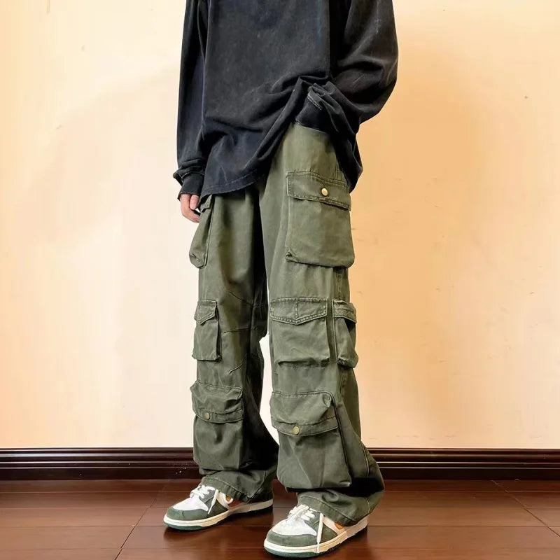 Hearujoy Y2k  Hip-hop Cargo Pants Multi-pockets Tooling Pant Harajuku Men's Vintage Loose Wide Leg Pants Streetwear Casual Trousers