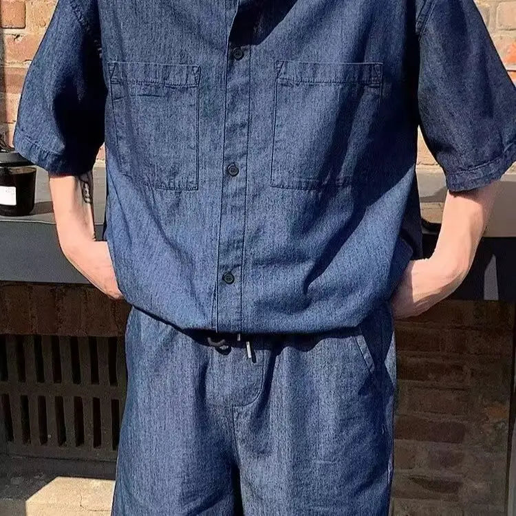 HEARUJOY  -  Summer Men set Retro Trendy Brand Hong Kong-style Denim Short-sleeved Shirts Shorts Casual Sportswear Men Cool Loose suit