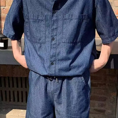 HEARUJOY  -  Summer Men set Retro Trendy Brand Hong Kong-style Denim Short-sleeved Shirts Shorts Casual Sportswear Men Cool Loose suit