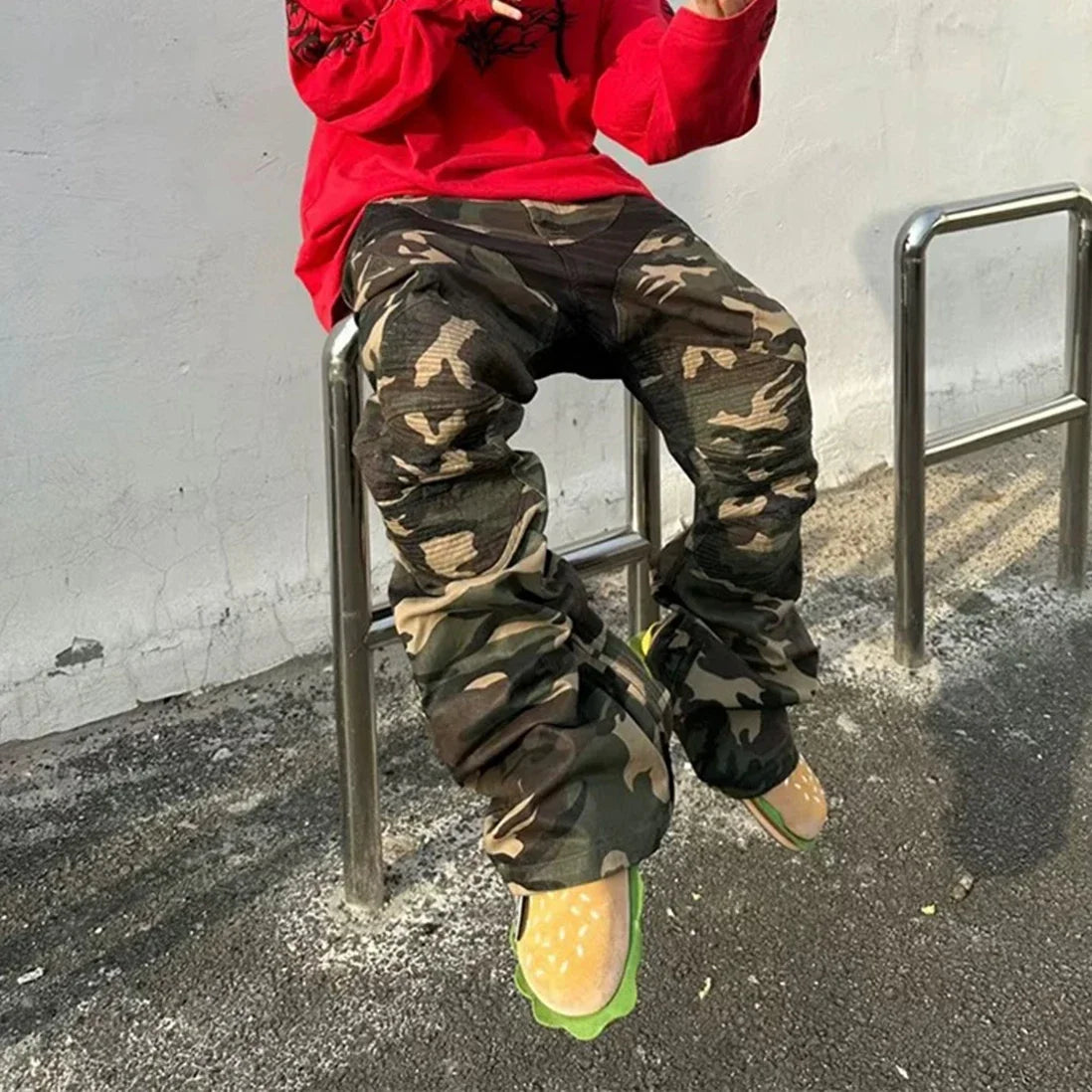 Hearujoy Camouflage Coated Micro Flared Motorcycle Pants for Men Patchwork Baggy Jeans Ankle Zipper Boot Cut Oversized Denim Cargos