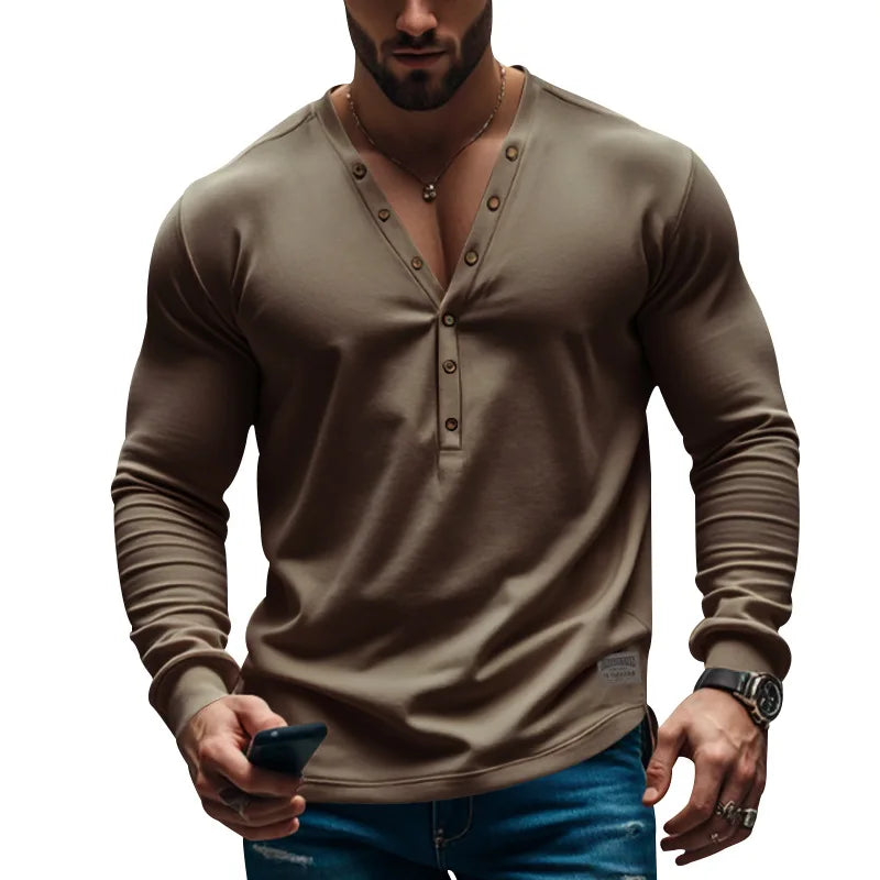 HEARUJOY  -  Men's Spring and Autumn Style American Solid Color Men's T-shirt Long Sleeve Casual Slim Button-down V-neck Blouse